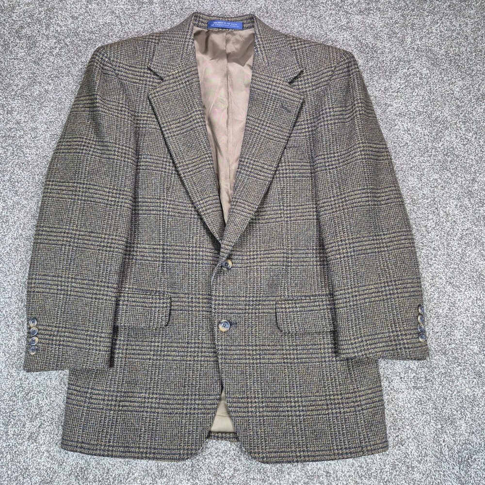 E. Thomas Nordstrom Wool Cashmere Blazer Mens 38R Brown Glen Plaid Sport Coat